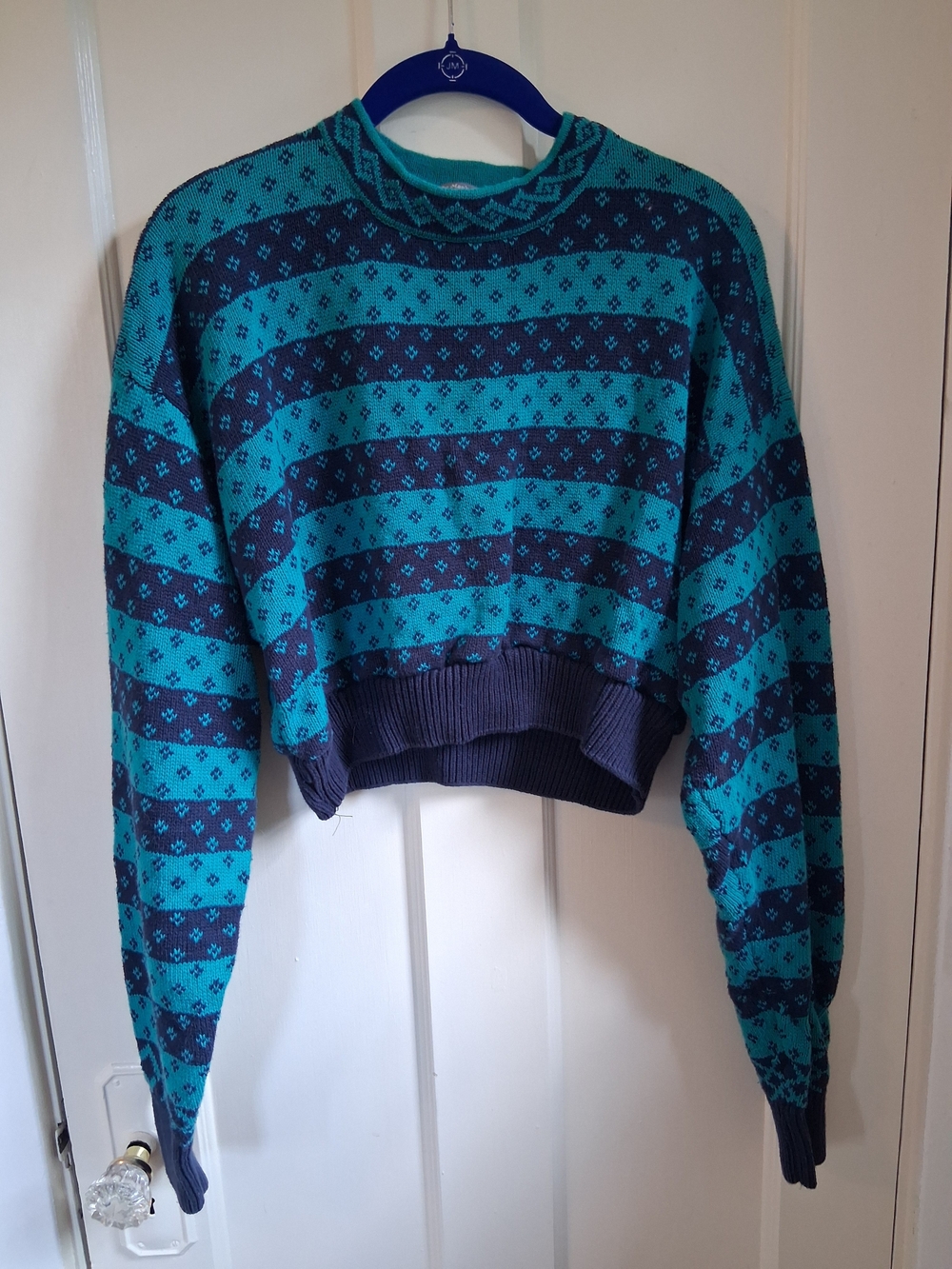 Striped Teal and Navy Cropped Turtleneck Sweater